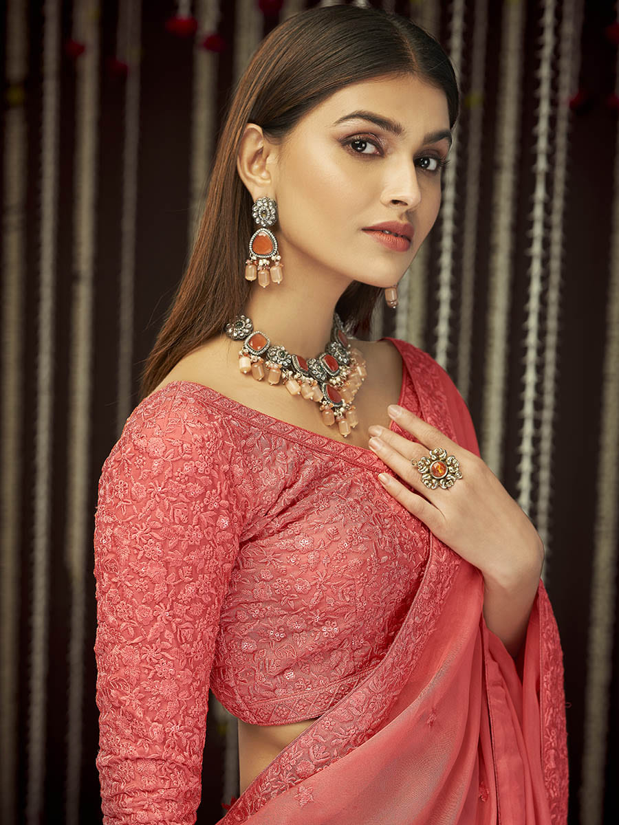 Myra Peach Organza Heavy Embroidered Saree