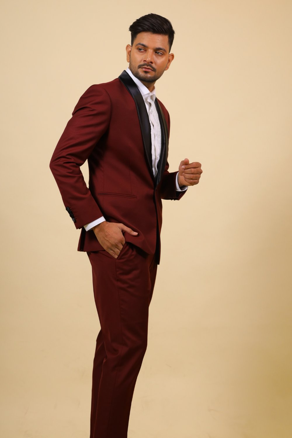 Burgundy Designer Tuxedo With Black Satin Lapels by Hilo Design