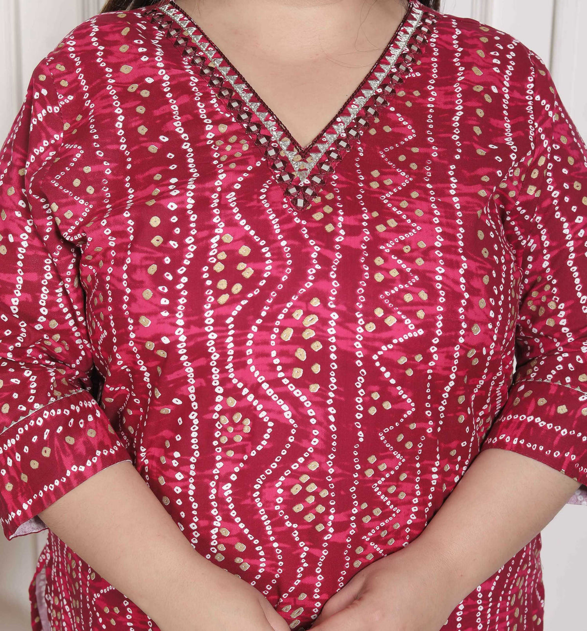 Miravan Women's Plus Size Bandhej Printed Rayon Kurta Magenta