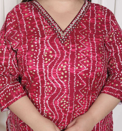 Miravan Women's Plus Size Bandhej Printed Rayon Kurta Magenta