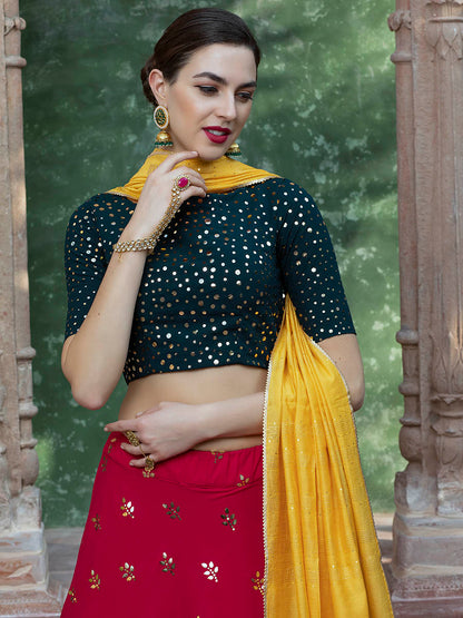 Myra Rani & Dark Green Georgette Embroidered Designer Lehenga