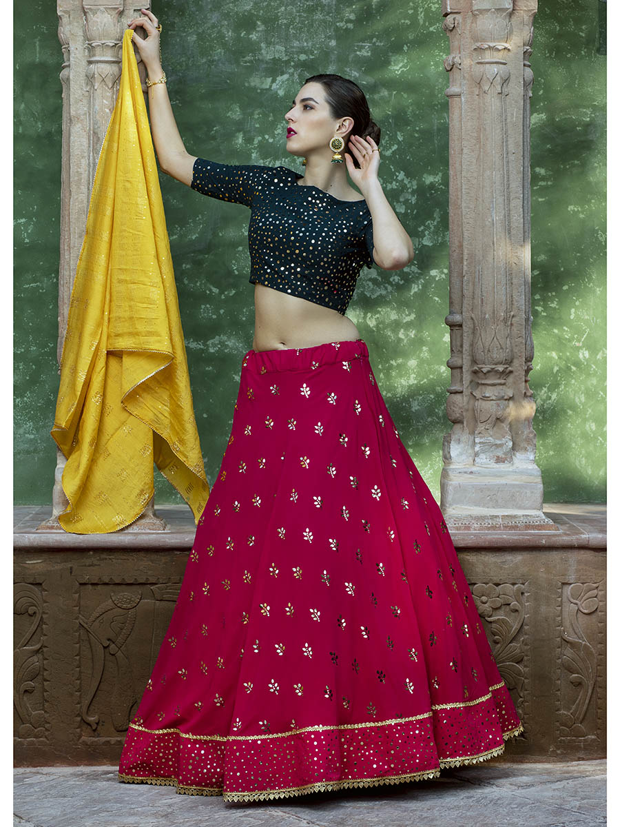 Myra Rani & Dark Green Georgette Embroidered Designer Lehenga