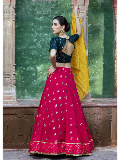 Myra Rani & Dark Green Georgette Embroidered Designer Lehenga