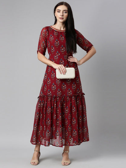 Souchii Floral Printed Boat Neck Chiffon Maxi Dress