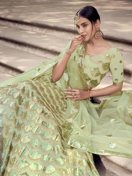 Myra Pista Green Soft Net Heavy Embroidered Lehenga