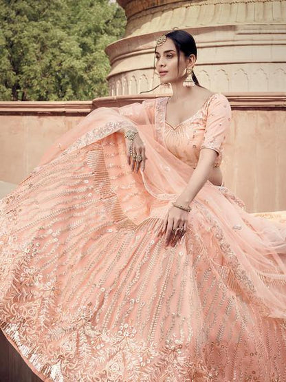 Myra Peach Soft Net Heavy Embroidered Lehenga