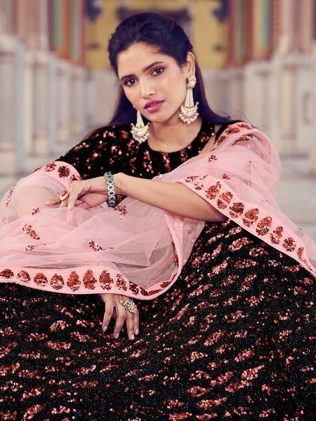 Myra Black Heavy Embroidered Fur Lehenga