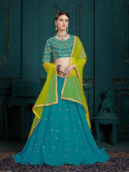 Myra Peacock Blue Georgette Embroidered Lehenga