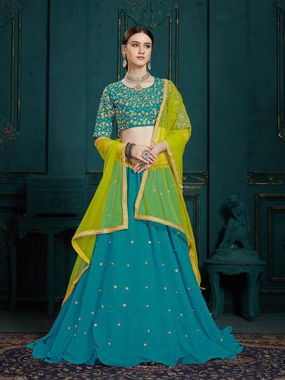 Myra Peacock Blue Georgette Embroidered Lehenga