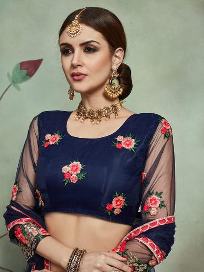 Myra Navy Blue Soft Net Heavy Embroidered Lehenga