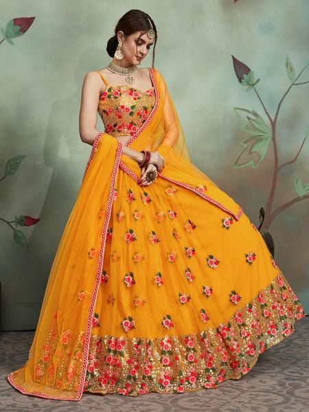 Myra Musturd Soft Net Heavy Embroidered Lehenga