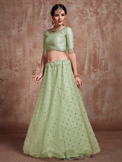 Myra Pista Green Soft Net Heavy Embroidered Lehenga