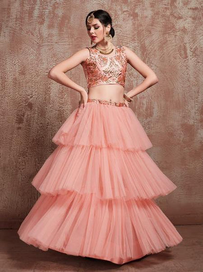 Myra Peach Soft Net Heavy Embroidered Lehenga