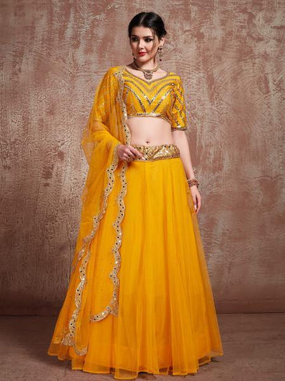 Myra Musturd Soft Net Heavy Embroidered Lehenga