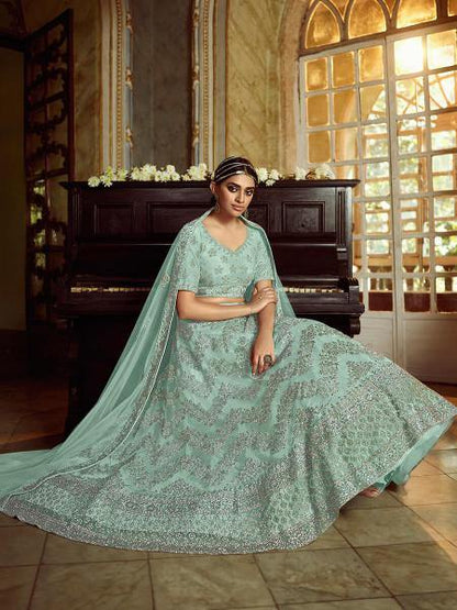 Myra Sky Blue Soft Net Heavy Embroidered Lehenga
