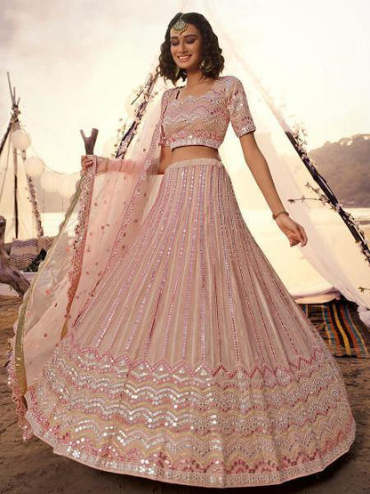 Myra Peach Embroidered Organza Leheng