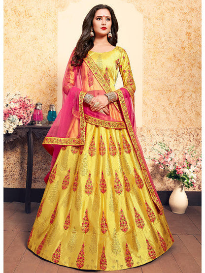 Myra Yellow Satin Embroidered Lehenga