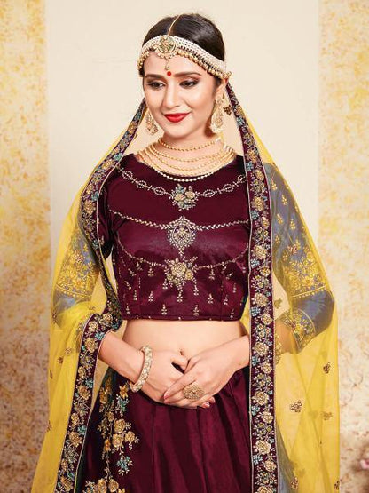 Myra Maroon Satin Embroidered Lehenga