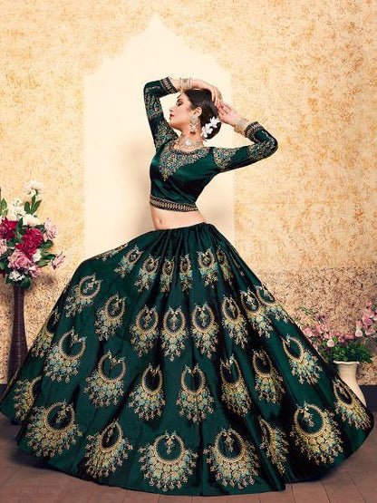 Myra Dark Green Satin Embroidered Lehenga