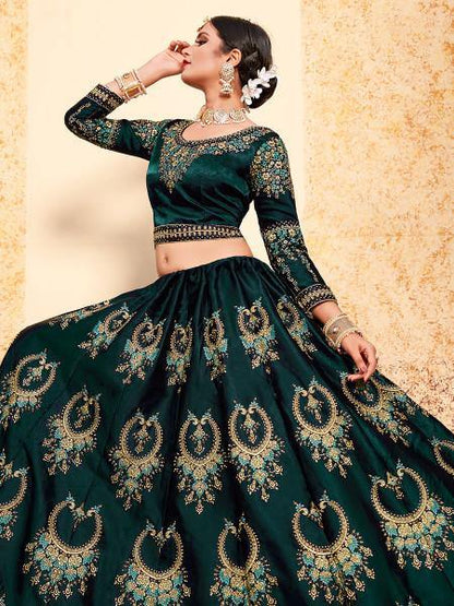 Myra Dark Green Satin Embroidered Lehenga