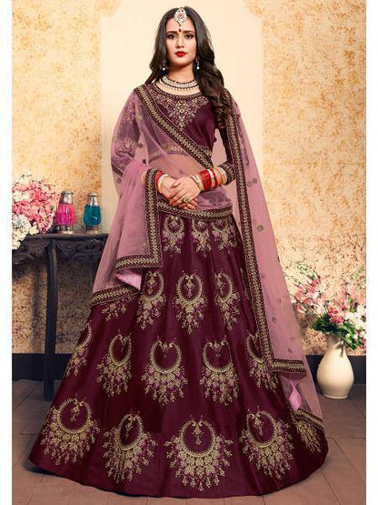 Myra Brown Satin Embroidered Lehenga