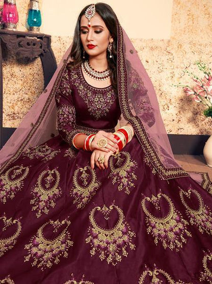 Myra Brown Satin Embroidered Lehenga