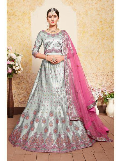 Myra Grey Satin Embroidered Lehenga
