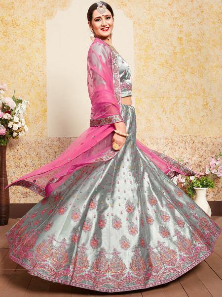 Myra Grey Satin Embroidered Lehenga