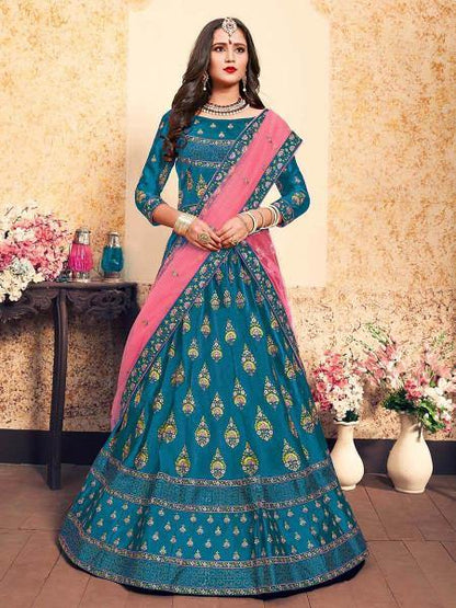 Myra Sky Blue Satin Embroidered Lehenga