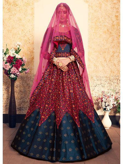 Myra Navy Blue Satin Embroidered Lehenga