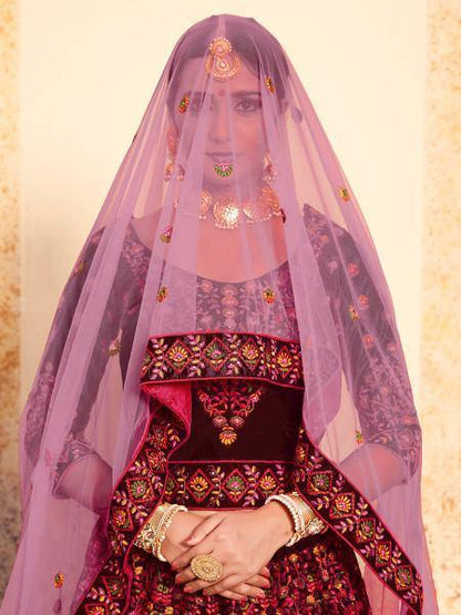Myra Maroon Satin Embroidered Lehenga