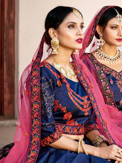 Myra Navy Blue Satin Embroidered Lehenga