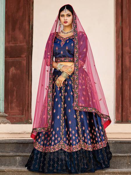 Myra Navy Blue Satin Embroidered Lehenga