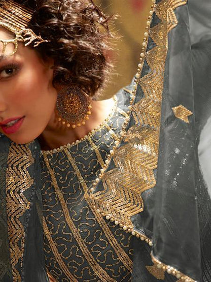Myra Grey Soft Net Gharara Suit