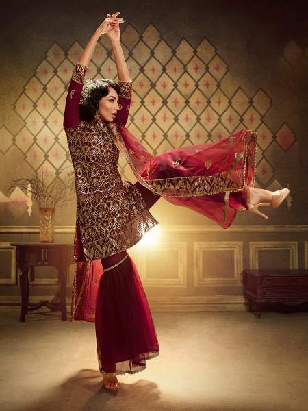 Myra Maroon Soft Net Gharara Suit