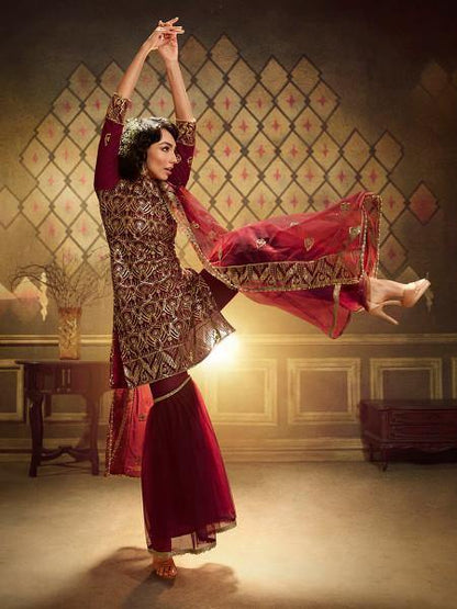 Myra Maroon Soft Net Gharara Suit