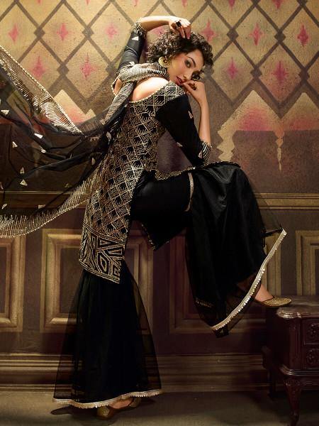 Myra Black Soft Net Gharara Suit