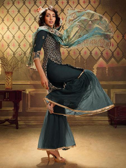 Myra Rama Green Soft Net Gharara Suit