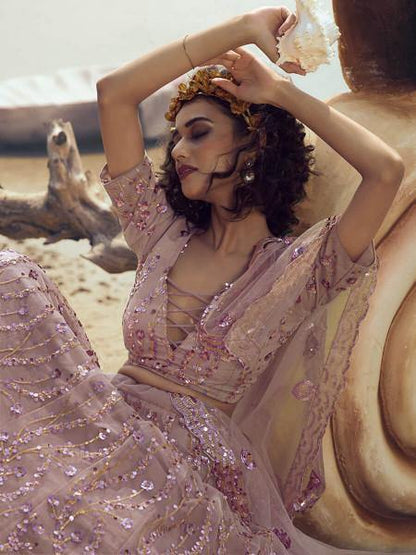 Myra Lilac Embroidered Net Lehenga