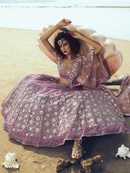 Myra Lilac Embroidered Net Lehenga