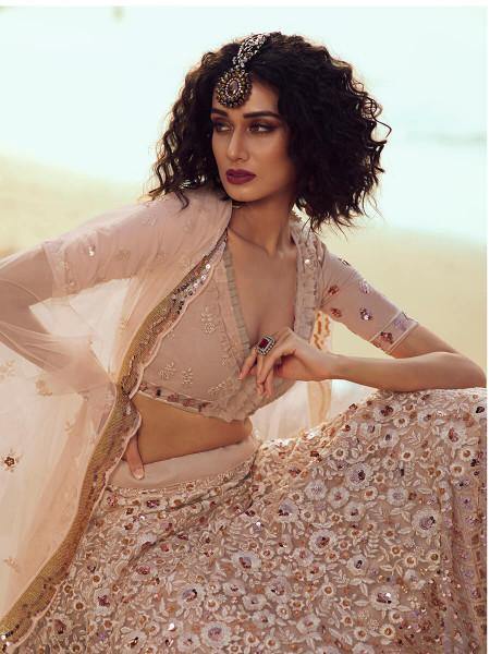 Myra Peach Embroidered Net Lehenga