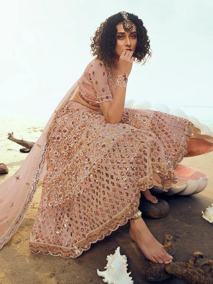 Myra Peach Embroidered Net Lehenga
