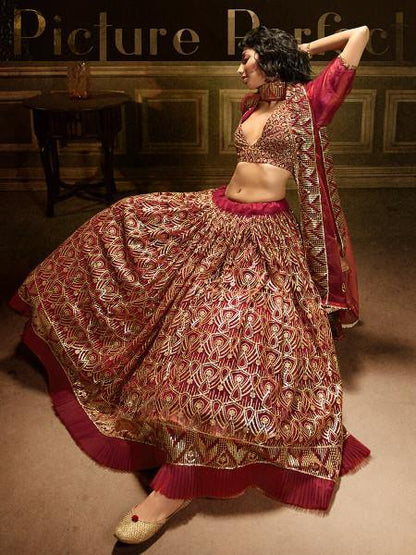 Myra Maroon Embroidered Net Lehenga