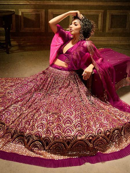 Myra Wine Embroidered Net Lehenga
