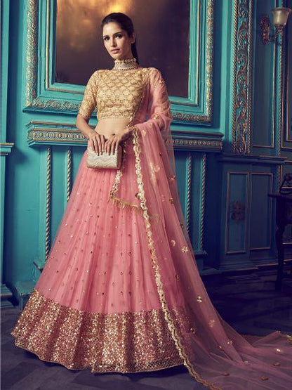 Myra Pink Heavy Embroidered Net Lehenga
