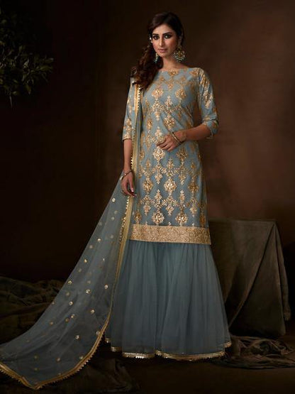 Myra Grey Soft Net Gharara Suit