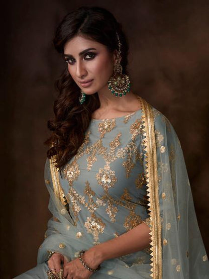 Myra Grey Soft Net Gharara Suit
