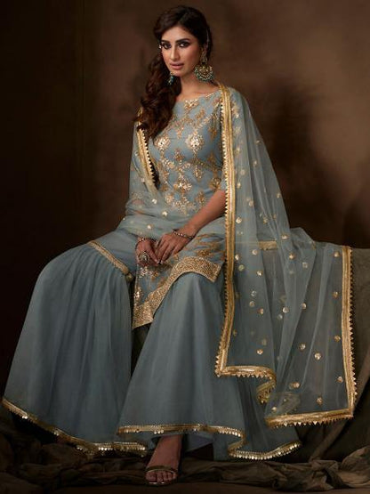 Myra Grey Soft Net Gharara Suit