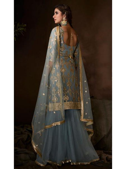 Myra Grey Soft Net Gharara Suit