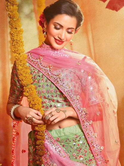 Myra Green and Pure Organza Embroidered Lehenga